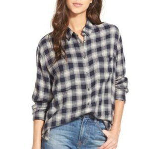 Madewell Andover Blue & Gray Flannel Oversized Boyshirt Plaid Button Up Top XXS